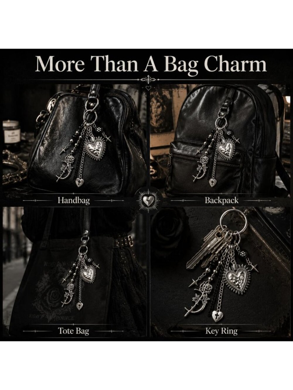 Women's Black Silver Heart Bag Charm Bags Keychain Decorative Purse Handbags, - Picture 6 of 7